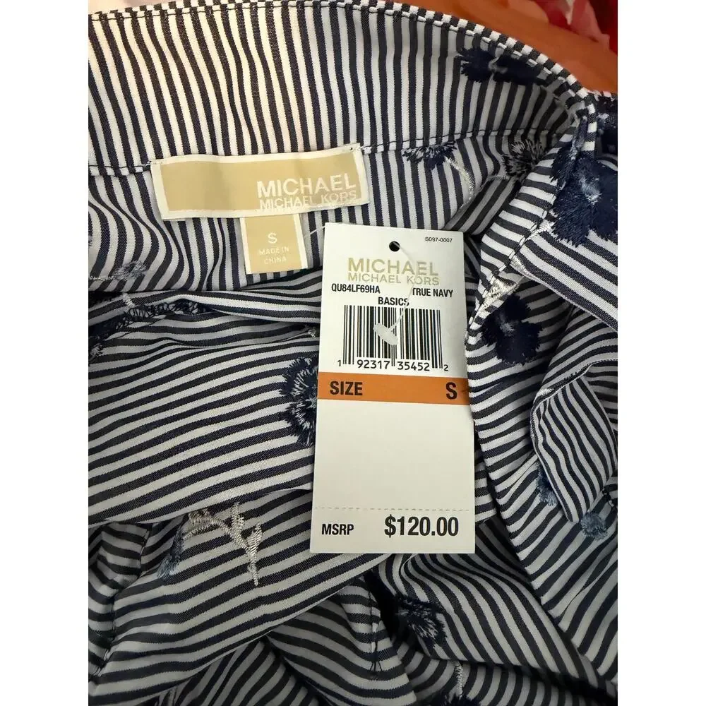 NWT Michael Michael Kors Embroidered Stripe Cold Shoulder Blouse Size Small